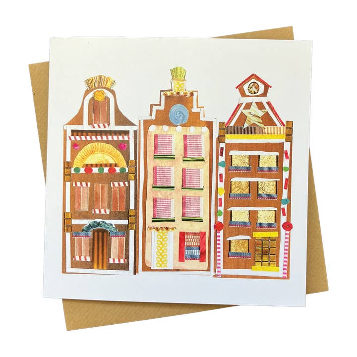Gingerbread Townhouses Greetings Card for wholesale by Soodle Street Studio