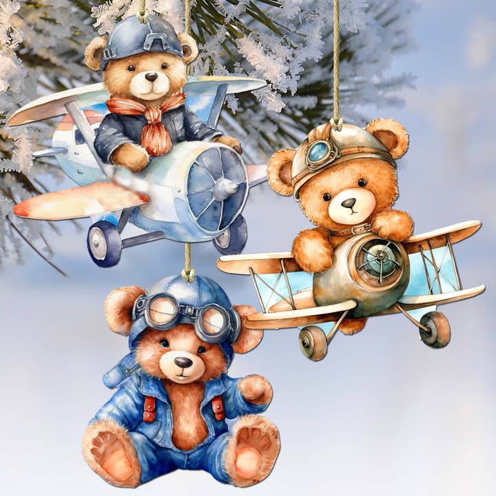 Aviator Teddy Bear Ornaments | Set of 3 | Eco Wood for wholesale by Designocracy