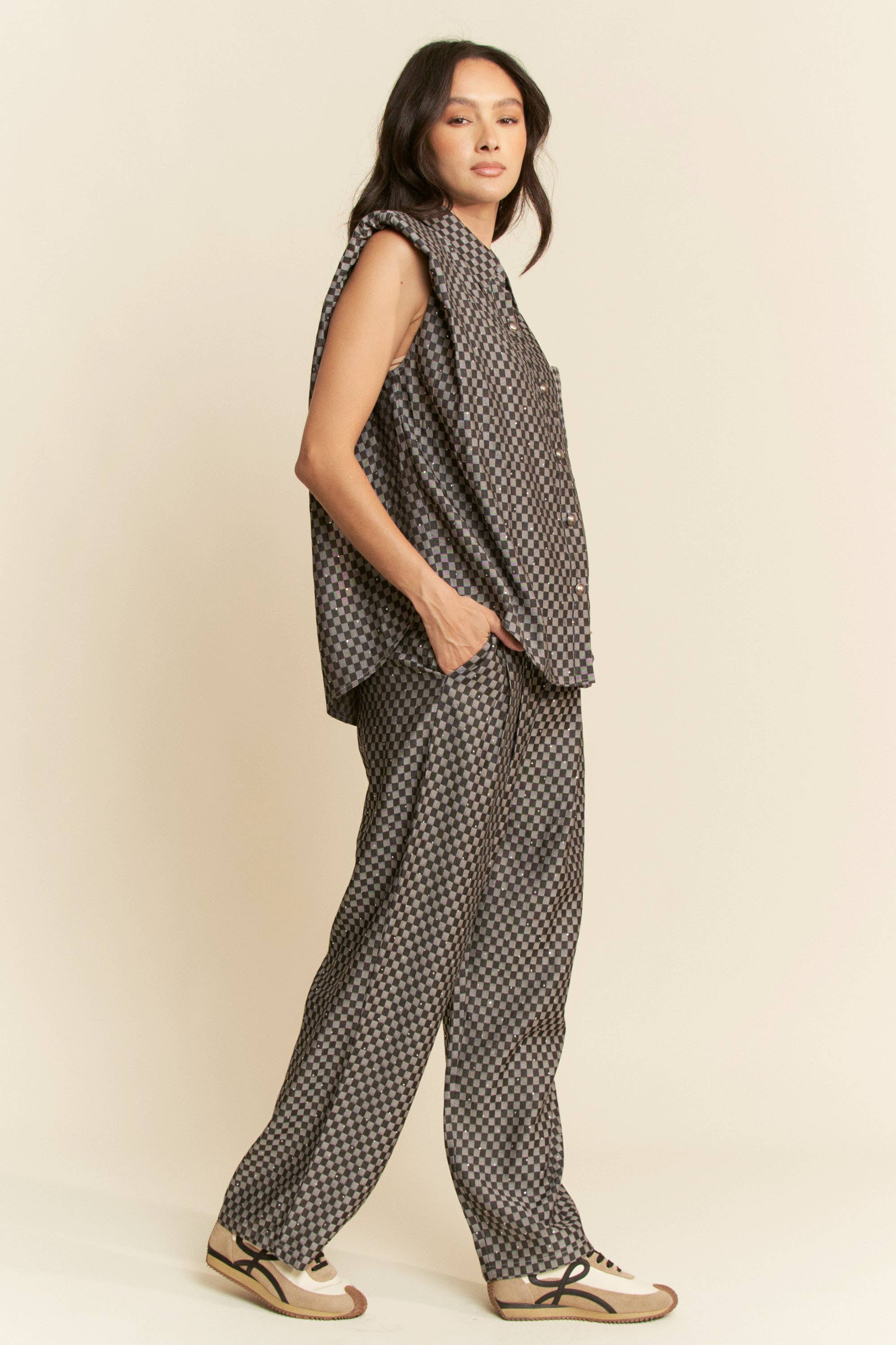 Davi & Dani – wholesale Set med topp och byxa – Dam – RUTIG DENIMSKJORTA MED KNAPPAR OCH LÅNGBYXOR11