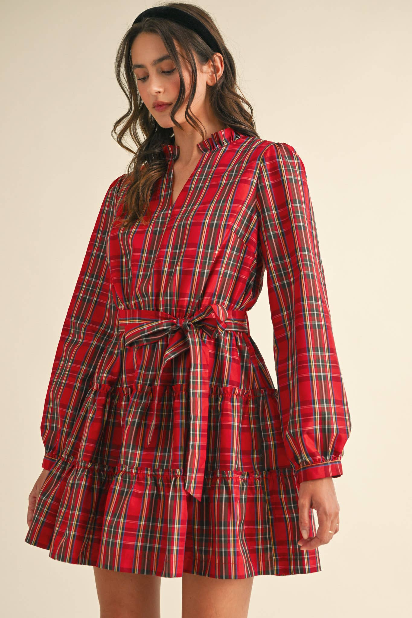 &MERCI - Wholesale Dress - Women's - PLAID MINI DRESS WITH TIERED RUFFLE TRIM MDR353822