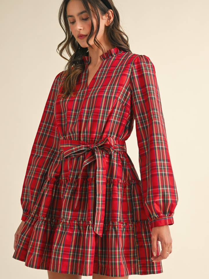 &MERCI - Wholesale Dress - Women's - PLAID MINI DRESS WITH TIERED RUFFLE TRIM MDR353822