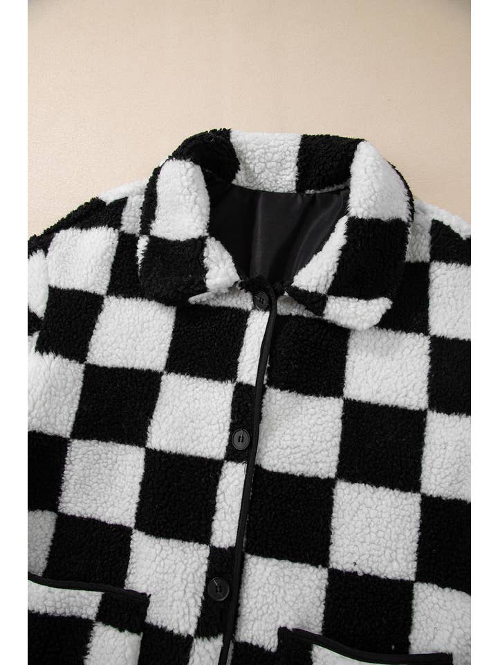 Black Checkered Collared Buttoned Fleece Jacket for wholesale on Faire2