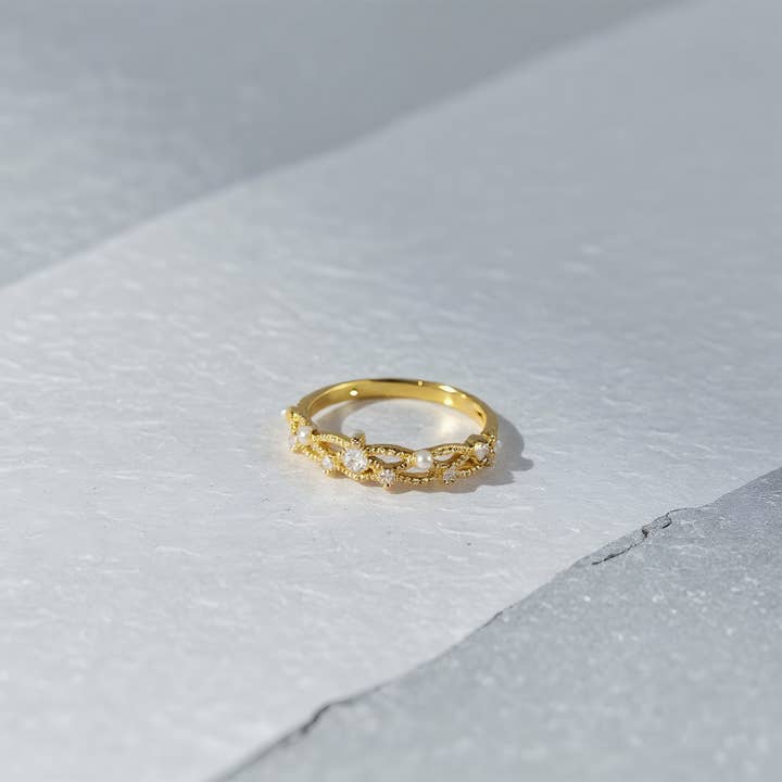 Zircon & Pearl Openwork Adjustable Ring for wholesale by Revelari