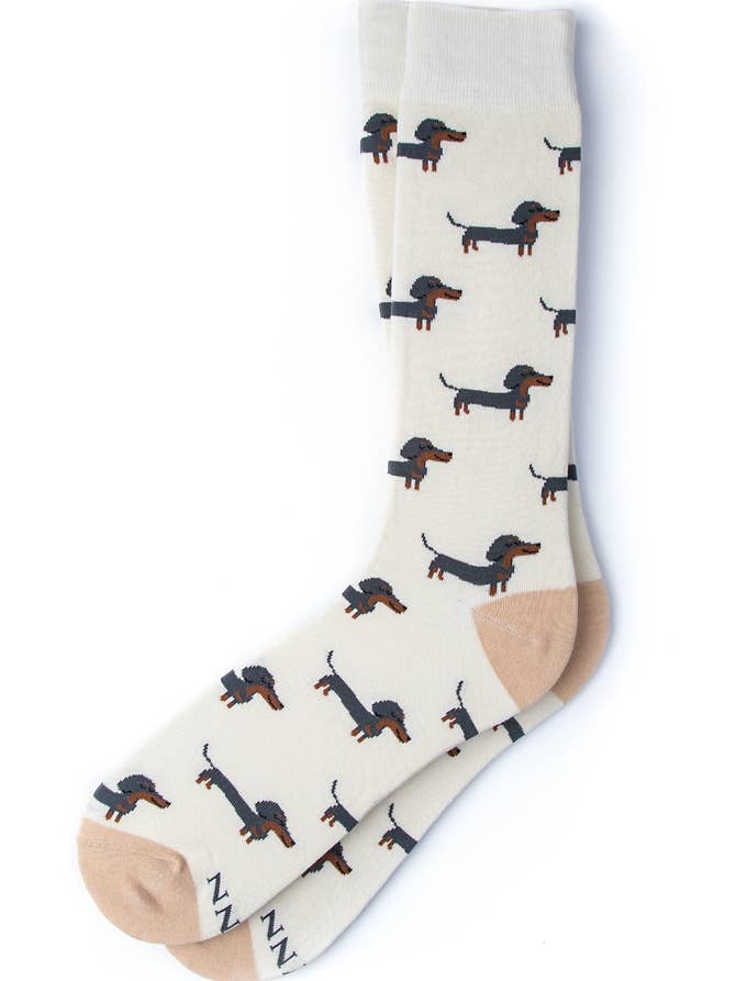 cream carded cotton A Little Weenie - Weiner dog Dachshund Sock by Alynn for wholesale on Faire