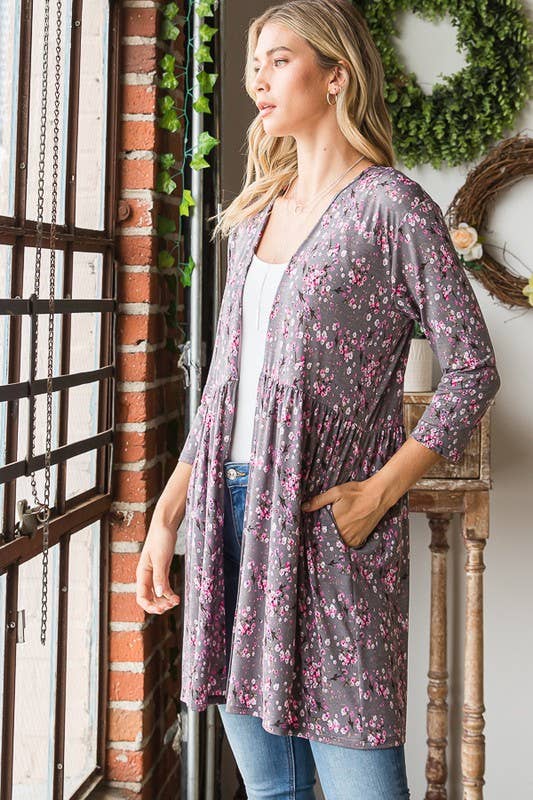 CARBONE SJ1082-17 CARDIGAN APERTO FLOREALE CON ARRICCIATURA in vendita all'ingrosso su Faire10