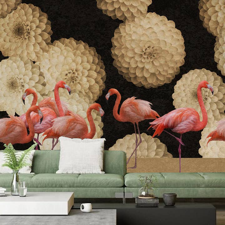 Daria Petrilli - Wholesale Wallpaper - WHITE DAHLIA AND FLAMINGOS BLACK SKY - WALLPAPER