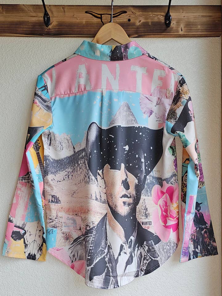 white Baha Ranch Wanted Retro Pop Western Vintage Button Up Shirt for wholesale on Faire5