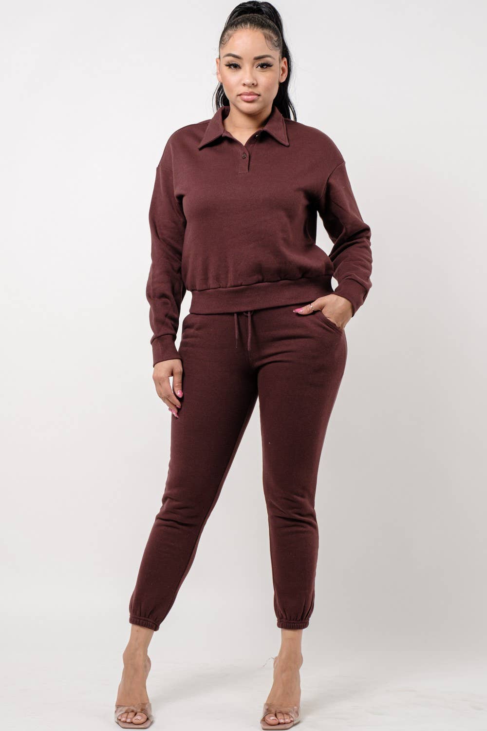 Boswell – wholesale Lounge set – Women's – Solid Jogger Set With Collar Long Sleeve Top7