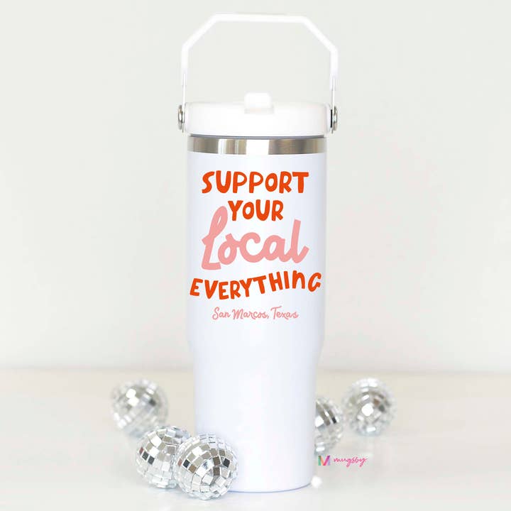 Soutenez votre gobelet local, gobelet en acier inoxydable avec couvercle rabattable, personnalisé pour la vente par Mugsby