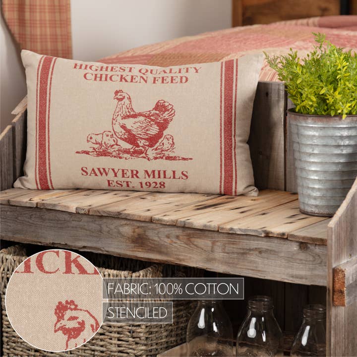 VHC Brands - Wholesale Throw/Decorative Pillow - Sawyer Mill Red Hen and Chicks Pillow 14x22