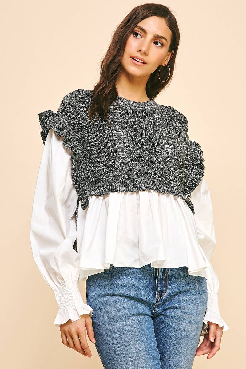 PINCH - Wholesale Blouse - Women's - WOVEN KNIT COMBO BLOUSE - 4974T (GREY)1