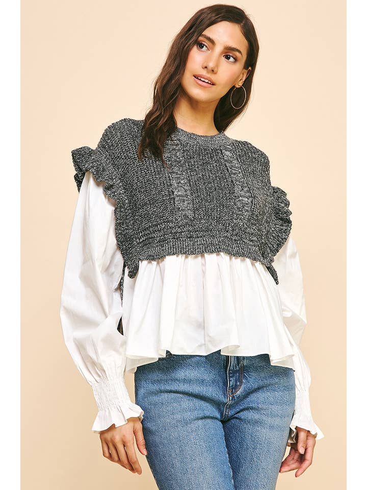 PINCH - Wholesale Blouse - Women's - WOVEN KNIT COMBO BLOUSE - 4974T