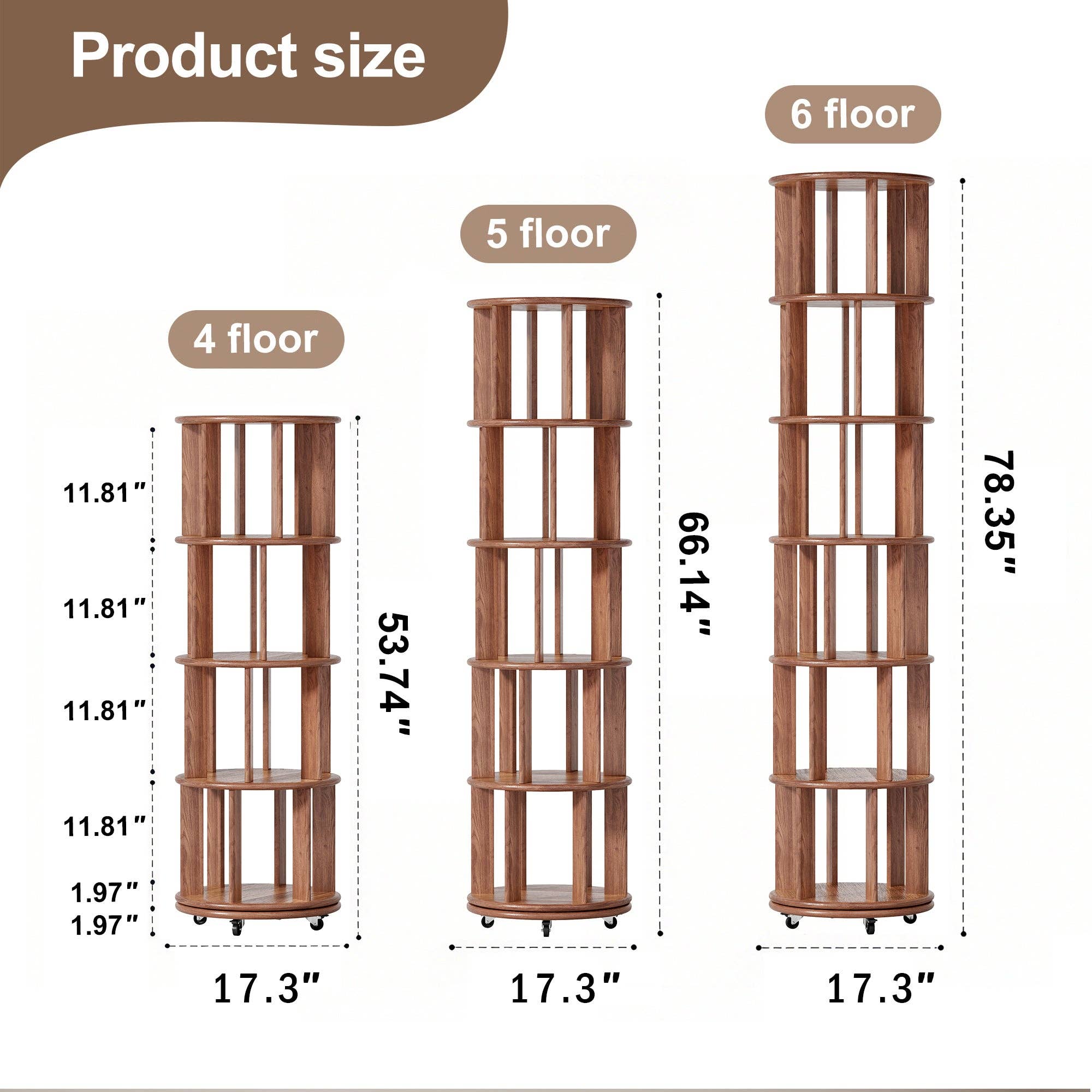39F Inc. - Wholesale Bookcase - Walnut 4-Tier 100% Solid Wood Rotating Bookshelf with Wheel3