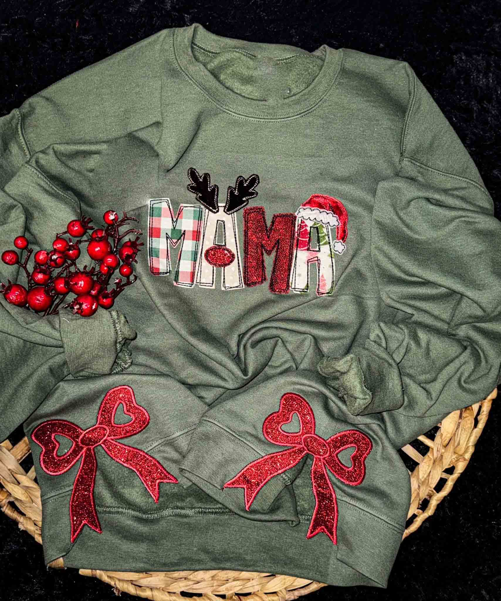 NVC Ecommerce LLC - Wholesale Graphic Sweatshirt - Women's - Mama Christmas Side Bow, Embroidered Side Bow Sweatshirt0