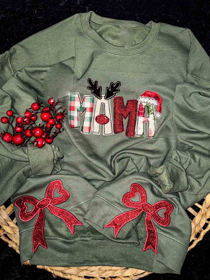 NVC Ecommerce LLC - Wholesale Graphic Sweatshirt - Women's - Mama Christmas Side Bow, Embroidered Side Bow Sweatshirt0
