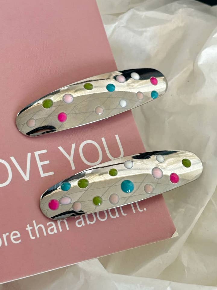 Fermagli per capelli in argento a pois colorati DPJC31 per la vendita all'ingrosso da parte di Dipped Shop