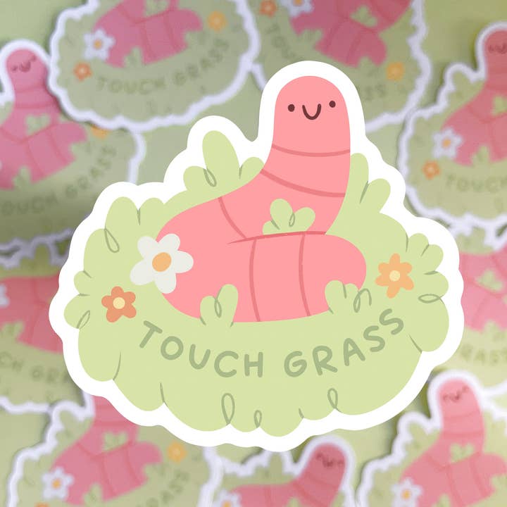 Rør ved græsset lyserød orm: Glansfulde udskårne vinylklistermærker for engroshandel hos Ouri Studio