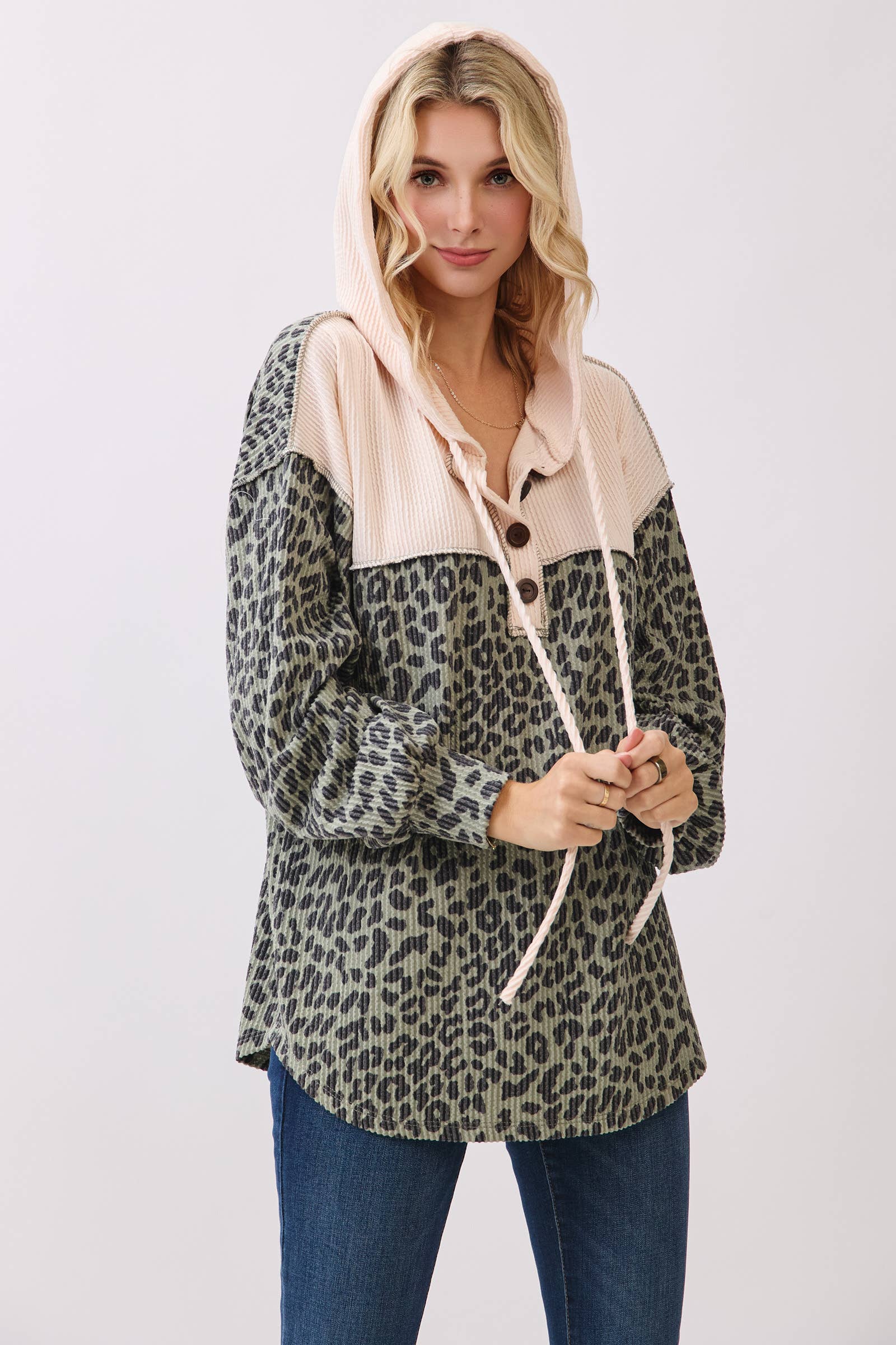 7th Ray - Wholesale Hoodie - Women's - Leopard Print Button Front Drawstring Hoodie T61154