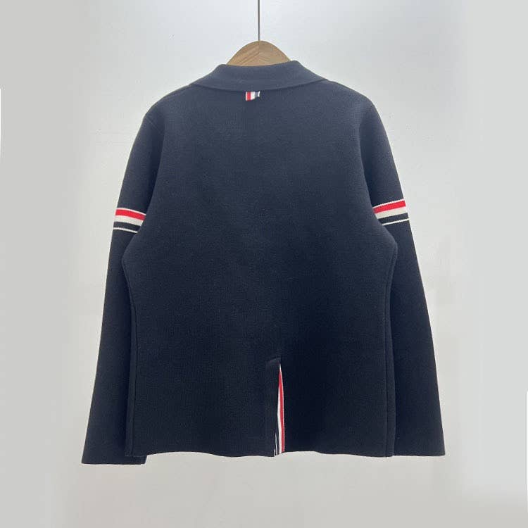 Sanyao Fashion - Vente Cardigan – femme - Cardigan en maille gris à col de costume avec détail rayé3