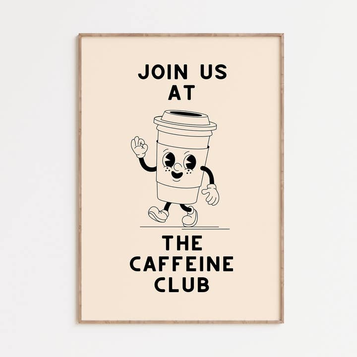 Caffeine Club Art Print: Retro Coffee Mascot Illustration for wholesale by Hound & Fox Print Co