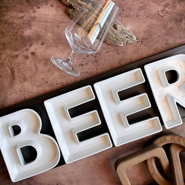 Vanilla BEER Serving Dishes w/Wooden Tray 21 x 7" for wholesale by Red Vanilla Home