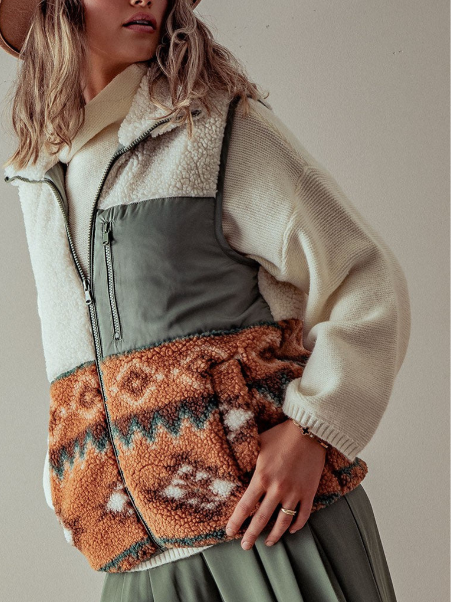 olive Aztec pattern Western Sherpa Fleece Zip up Vest for wholesale on Faire5