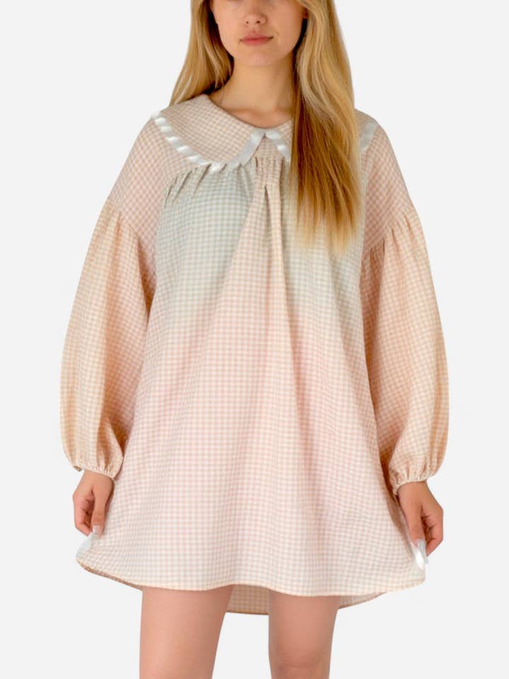 Gingham Long Sleeve Nightgown with Collar for wholesale by Anna Kaci Wholesale