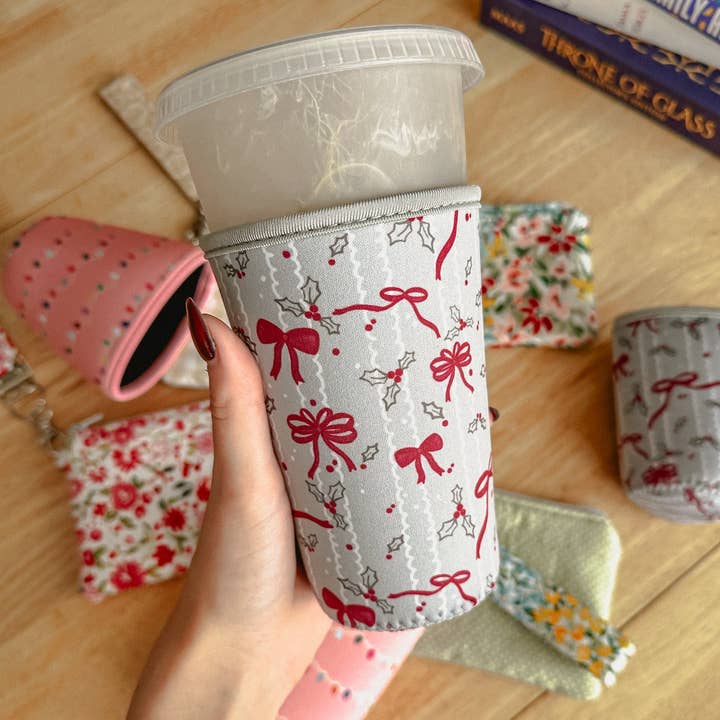 Dear Reader Designs - Wholesale Drink huggers & koozies - Holly & Ribbon Cup Sleeve2