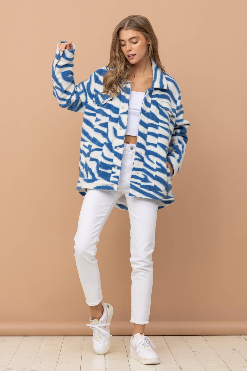 BLUE 31216J - Zebra Print Collared Over sized Jacket for wholesale on Faire5