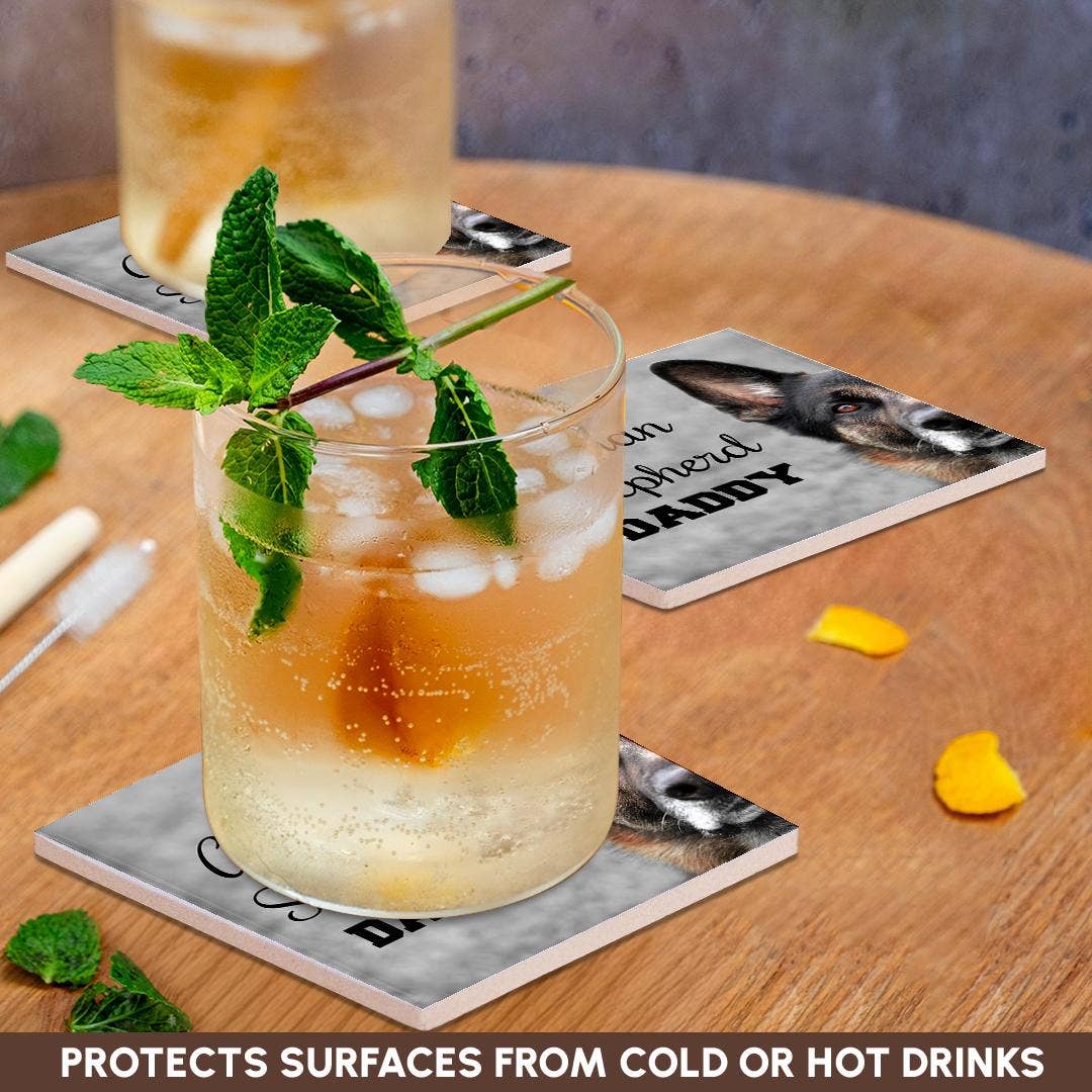 3dRose – Base de copos por atacado – 3dRose, Foto de um Pastor Alemão com "German Shepherd Daddy" em preto., Base para copos2