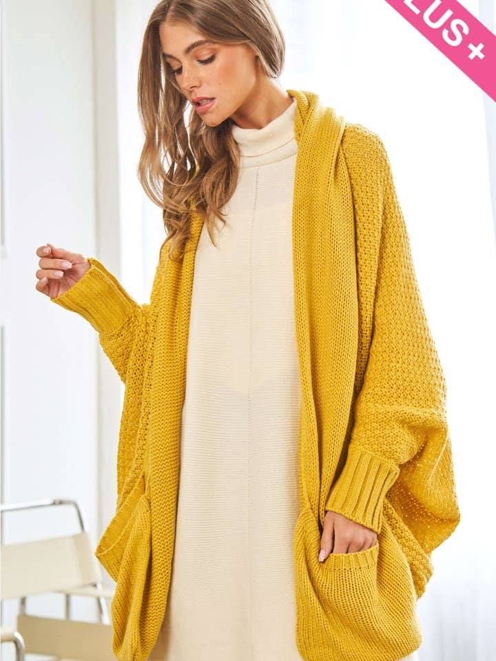 Mustard PLUS PATTERN KNIT DOLMAN SLEEVE SOLID CARDIGAN for wholesale on Faire