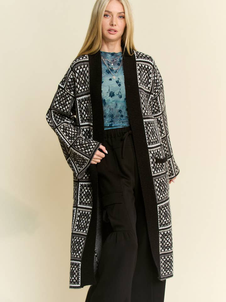Davi & Dani - Wholesale Cardigan - Women's - GRANNY SQUARE INSPIRED OPEN DUSTER KNIT CARDIGAN