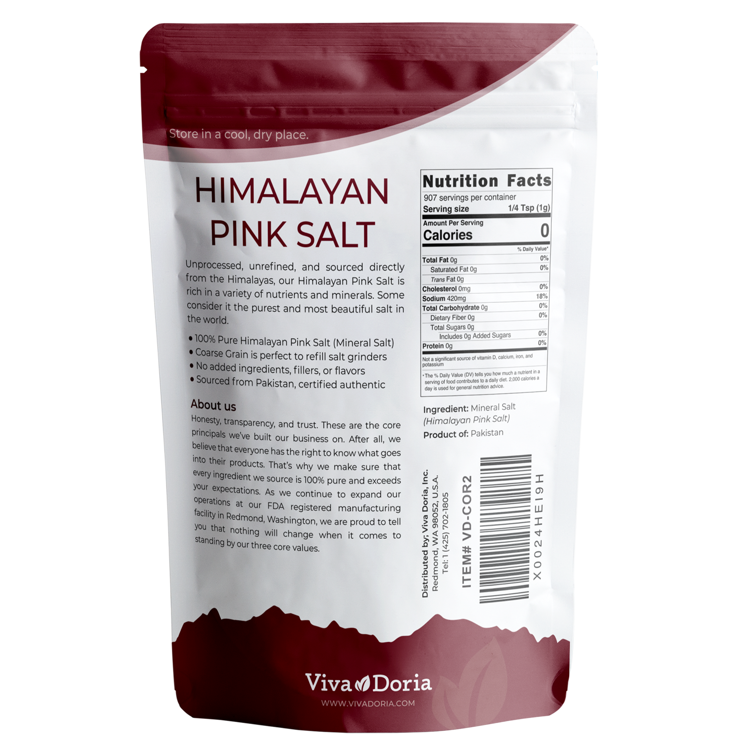 VIVA DORIA INC. - Wholesale Salt - Himalayan Pink Salt, Coarse Grain, 2 lb (907 g)1