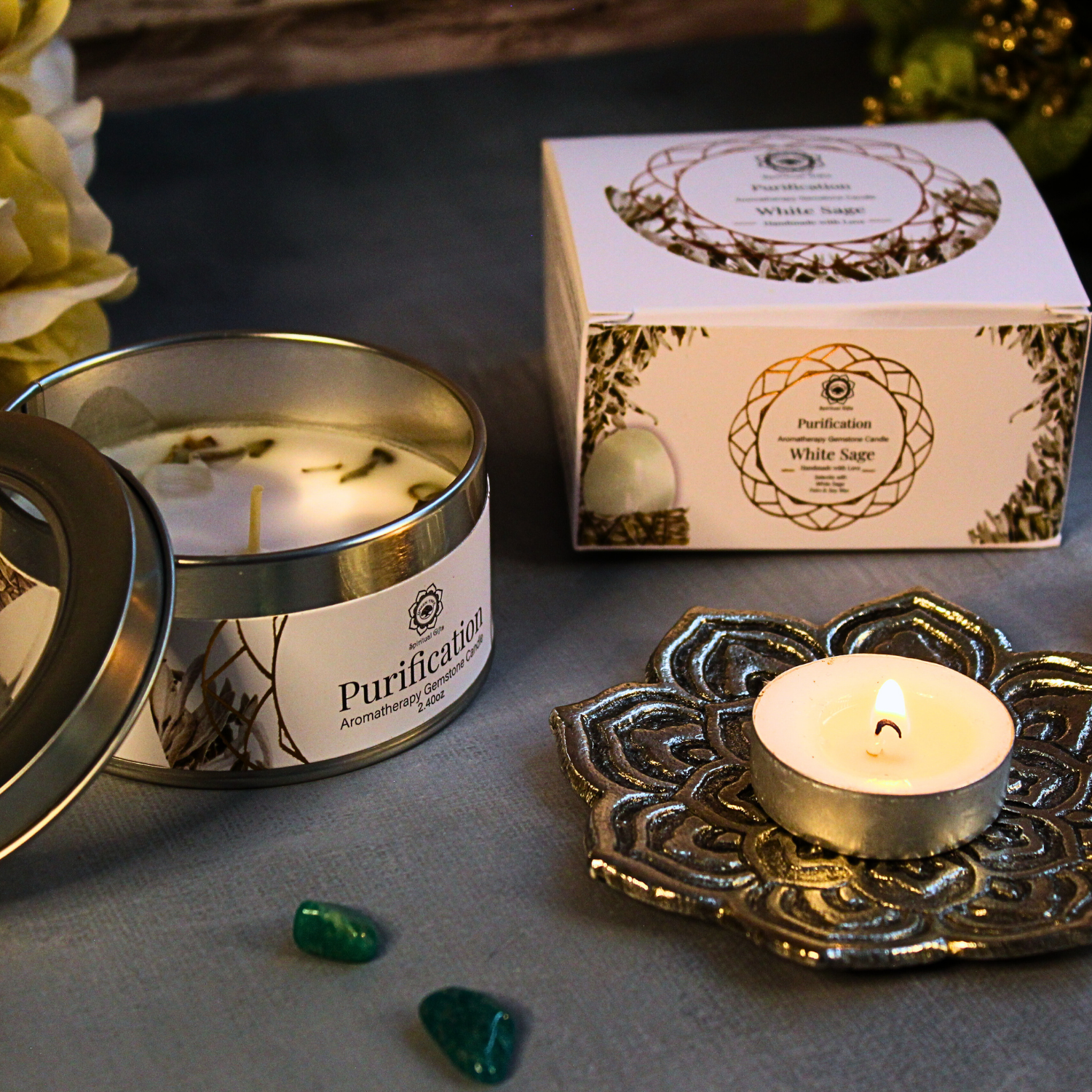 Green Tree – Großhandel Reisekerzen – Green Tree Duftkerze mit Edelstein Weißer Salbei 70 g zur Reinigung2