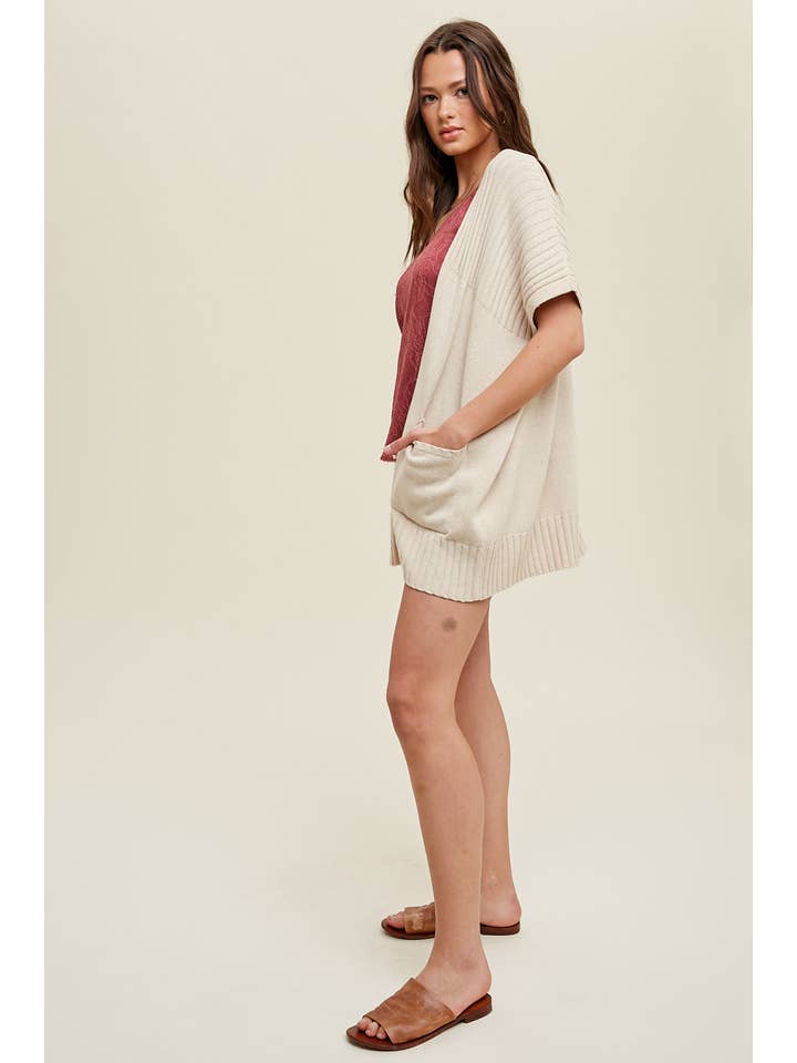 NATURAL DOLMAN SLEEVE CARDIGAN WITH RIBBED DETAIL / WL23-7994 for wholesale on Faire