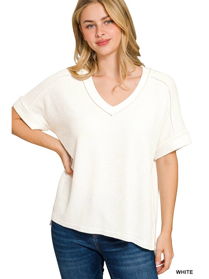 42POPS – wholesale Stickad topp - Dam – .Corded Rib Kortärmad Topp med Rå Kant80