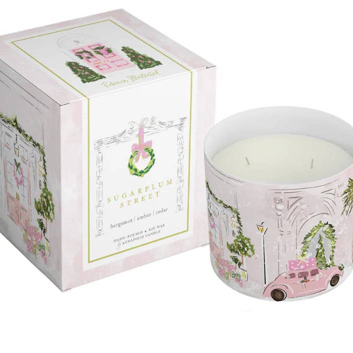 PINK CHRISTMAS HOUSE CANDLE- SUGAR PLUM LANE for wholesale by Rebecca Illustrated