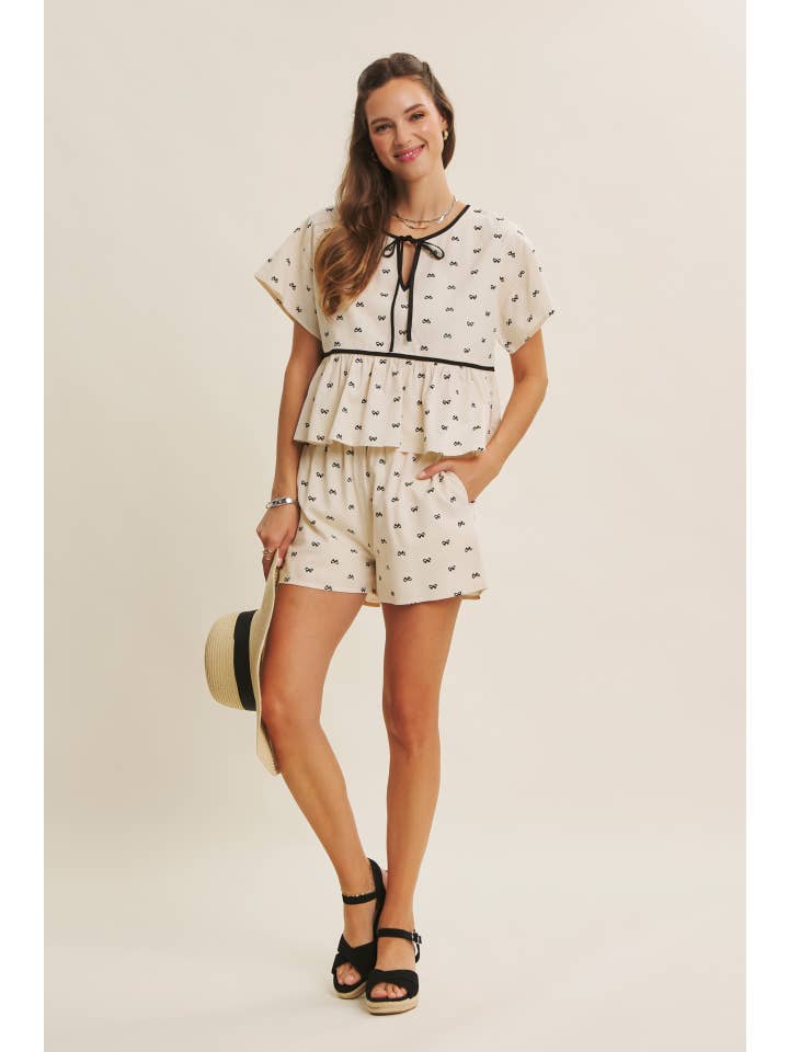 in february - Wholesale Blouse - Women's - SUNNY DAYS BOW PRINT BABYDOLL BLOUSE WITH CONTRAST BINDING17