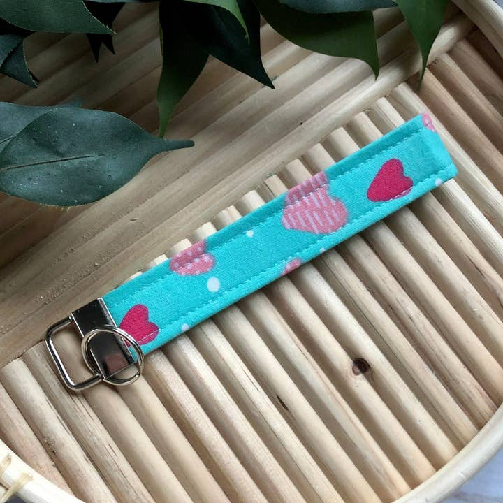 Teal Heart Print Fabric Wristlet Keychain, Key Fob for wholesale by MDStickerShop