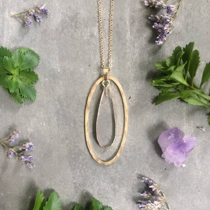 GeoMetricGem - Wholesale Pendant/Charm Necklace - Otisco Necklace ~ Gem Slice - Clear Rose Quartz Chrysopras