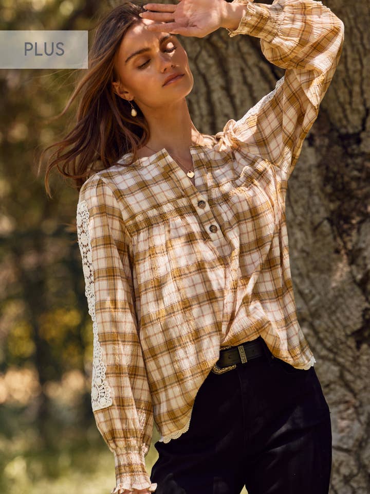 Plus Lace& Plaid Combo Long Sleeve Blouse for wholesale by Oddi