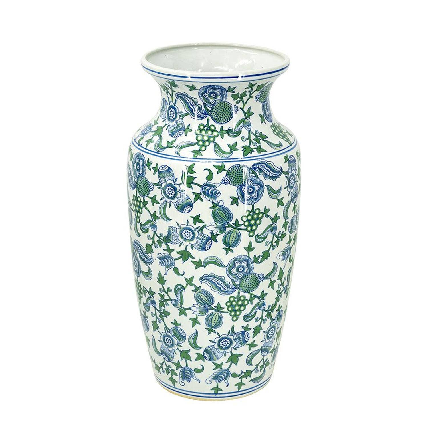 HomeRoots - Vente Vases - Vase de table en porcelaine chinoiserie blanc, bleu et vert de 24 pouces0