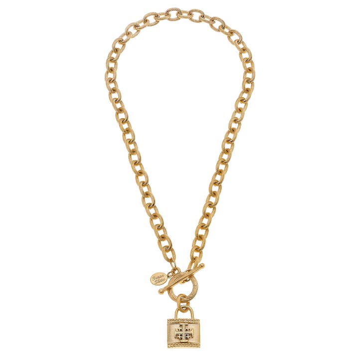 Gold Jerusalem Cross Lock Chain Toggle Necklace for wholesale by Susan Shaw