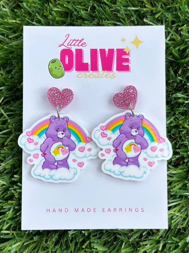 Rainbow Care Bear Dangle Earrings: Perfect for All Ages! for wholesale by Little Olive Creates