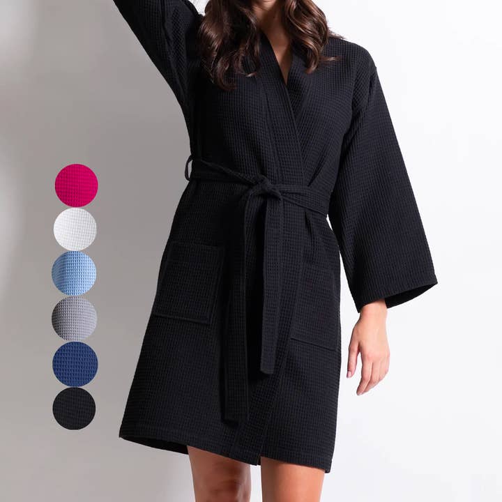 Cotton Waffle Towel Robe- knee length, Black for wholesale by Lauryn's Garden