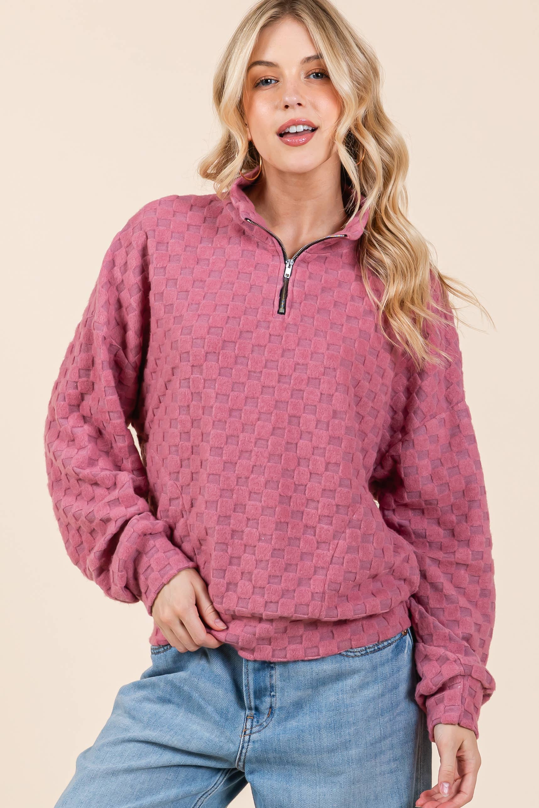 BOMBOM - Wholesale Sweatshirt - Women's - TL1997 FUZZY CHECKERED 1/4 ZIP TOP 13