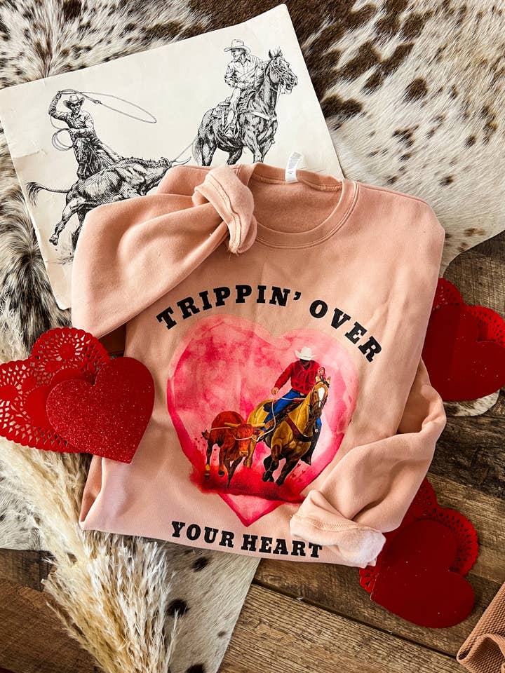 Trippin' Over Your Heart Valentines Tee or Sweatshirt(Adult)(Peach) for wholesale by Arrow F Apparel