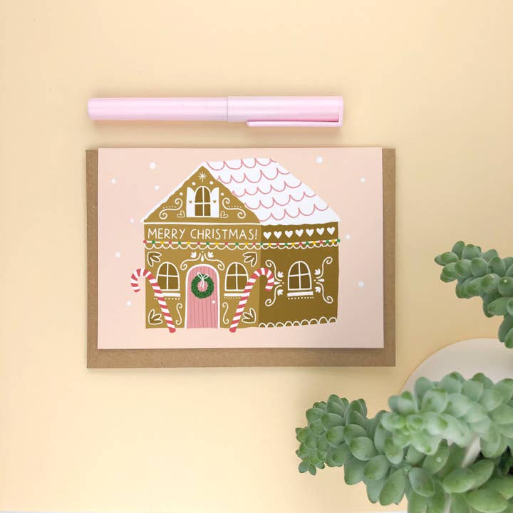 Zoe Spry – Großhandel Weihnachtskarte – Illustrierte moderne und klassische Weihnachtskarte „Lebkuchenhaus“1