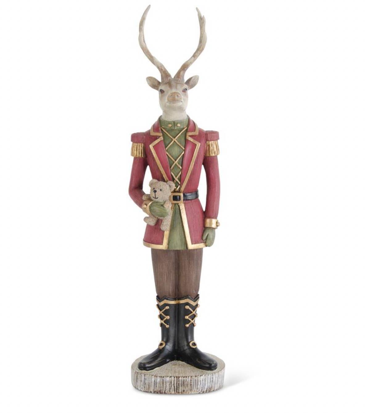 Dunn Deals - Wholesale Christmas decoration - Christmas Carousel Collection - 15" Resin Deer Soldier Holding Teddy Bear
