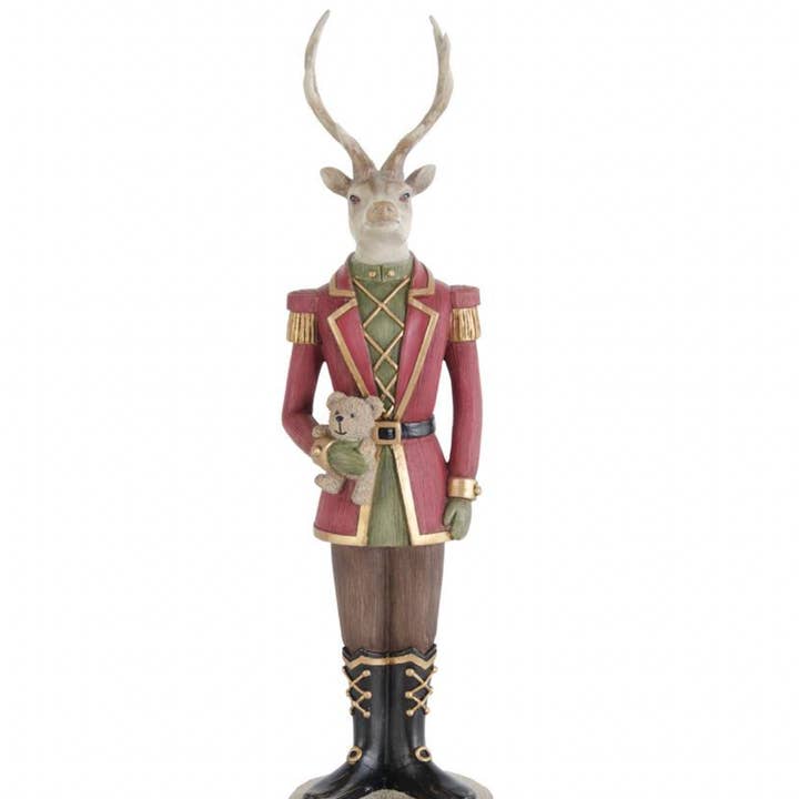 Dunn Deals - Wholesale Christmas decoration - Christmas Carousel Collection - 15" Resin Deer Soldier Holding Teddy Bear0